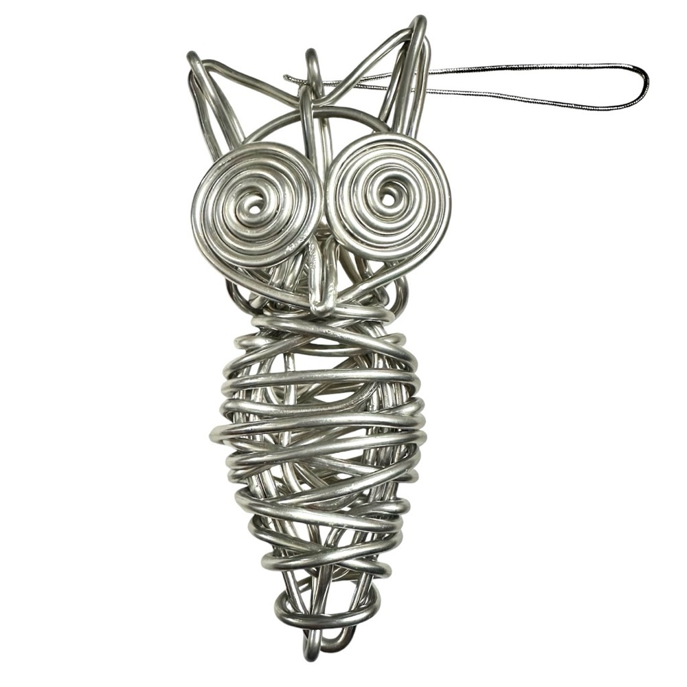 Unique Metal Owl Ornament Sculpture Handmade From Single Strand Of Aluminum Wire
